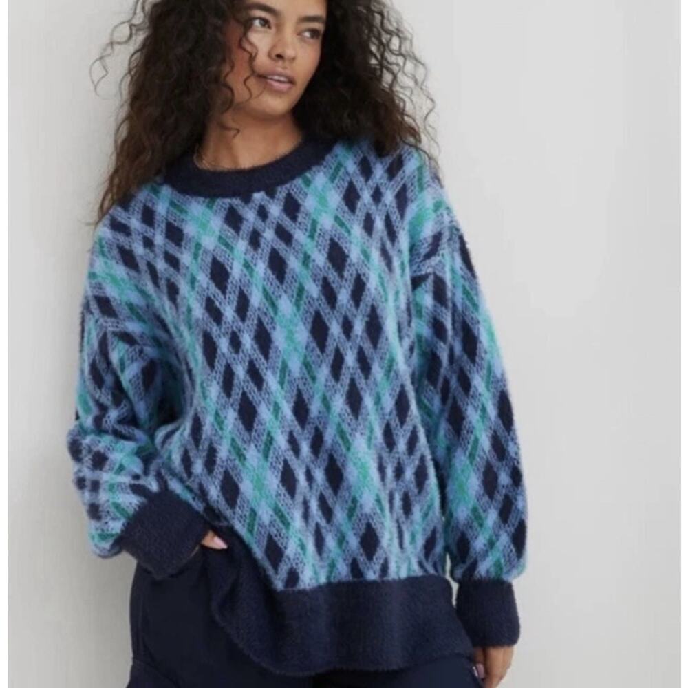 Aerie Argyle Flurry Oversized Crew Sweater Women's‎ Size Medium Cozy Casual